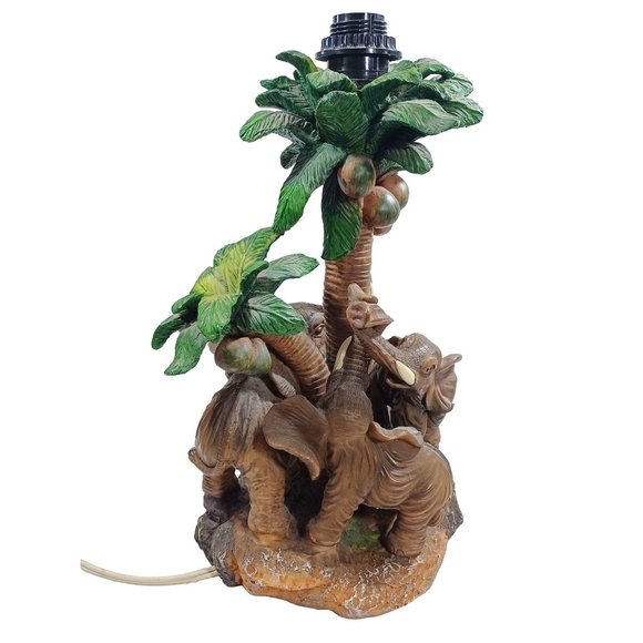 Vtg Tropical Elephants Mother Baby Babies  Safari Jungle Palm Trees Table Lamp - Picture 5 of 9